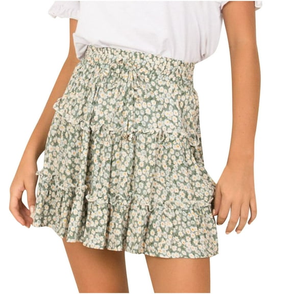 Fesfesfes Summer Skirts for Women Casual Vintage High Waist Floral Print Beach Ruffled Short Skirt
