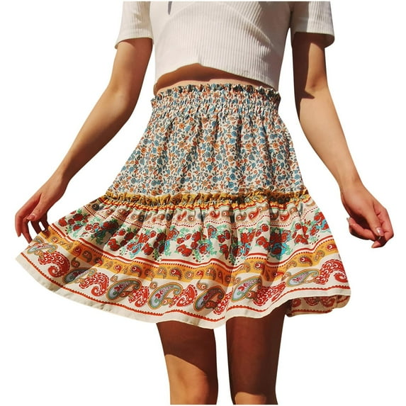 Fesfesfes Summer Skirts for Women Casual Vintage High Waist Floral Print Beach Ruffled Short Skirt