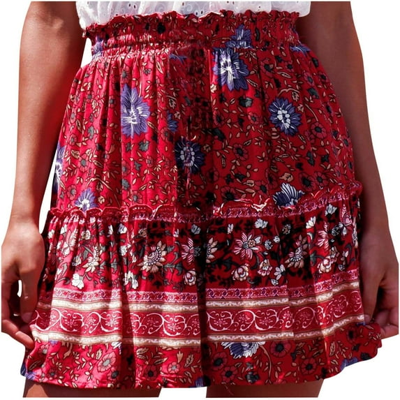 Fesfesfes Summer Skirts for Women Casual Vintage High Waist Floral Print Beach Ruffled Short Skirt