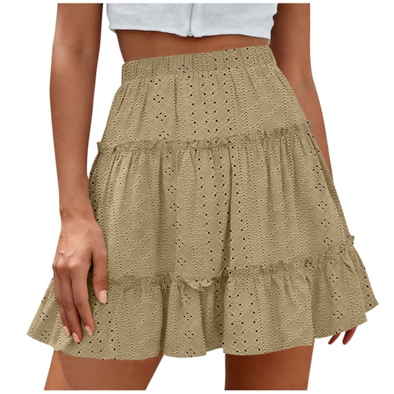 Fesfesfes Summer Skirts for Women Casual Vintage High Waist Solid Color Print Beach Ruffled Short Skirt