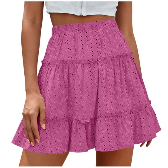 Fesfesfes Summer Skirts for Women Casual Vintage High Waist Solid Color Print Beach Ruffled Short Skirt