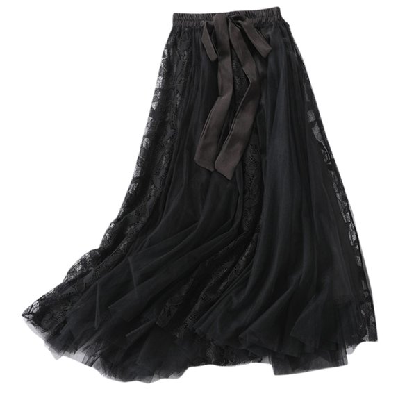 Fesfesfes Summer Skirts for Women Elastic High Waist Long Mesh Skirt Tutu Maxi Pleated
