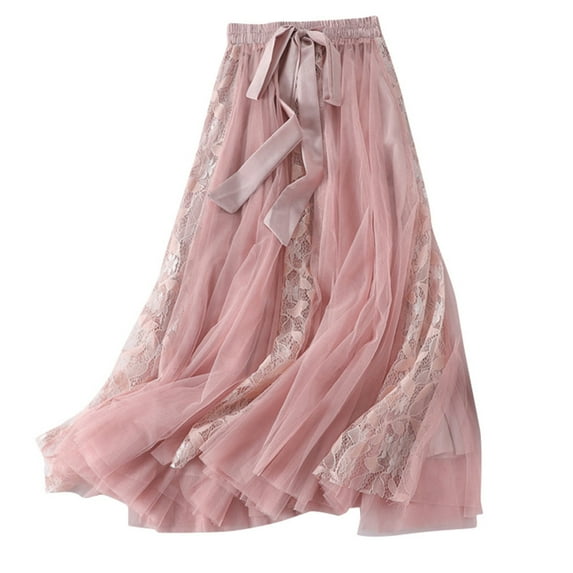 Fesfesfes Summer Skirts for Women Elastic High Waist Long Mesh Skirt Tutu Maxi Pleated