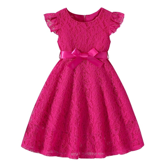 Fesfesfes Summer Sleeveless Solid Color Dress for 3-10 Years Girls Cute Lace Skirt Princess Dress with Bowknot for Comfortable and Everyday Wear(Hot Pink,7 Years)