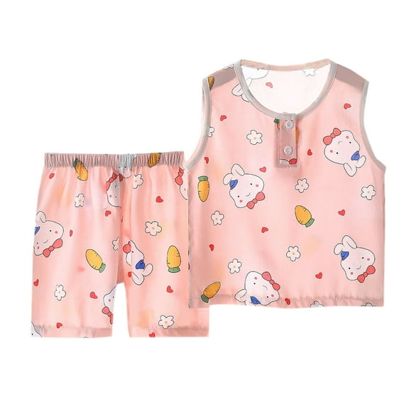 Fesfesfes Summer Toddler PJS Cotton Silk Sleeveless Conditioned Loungwear For Boys And Girls Vest Shorts Set