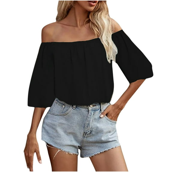 Fesfesfes Summer Tops for Womem Casual Tops Women's One-Shoulder Solid Color Top Three-Quarter Sleeve Top Blouse T-shirt Off-the-Shoulder Tunic Blouse Under 10$
