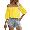 thumbnail image 1 of Fesfesfes Summer Tops for Womem Casual Tops Women's One-Shoulder Solid Color Top Three-Quarter Sleeve Top Blouse T-shirt Off-the-Shoulder Tunic Blouse Summer Saving, 1 of 9