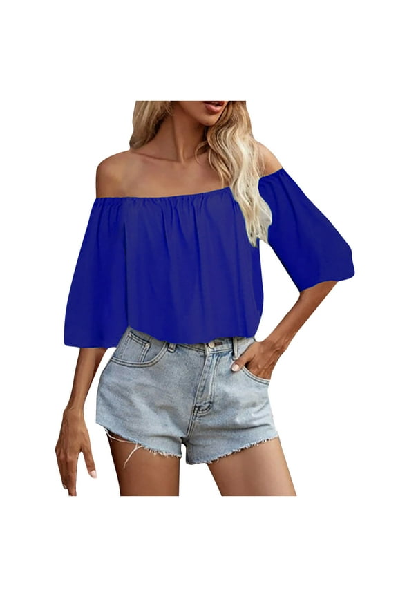 Summer Tops for Womem Casual Tops Women's One-Shoulder Solid Color Top Three-Quarter Sleeve Top Blouse T-shirt Off-the-Shoulder Tunic Blouse Summer