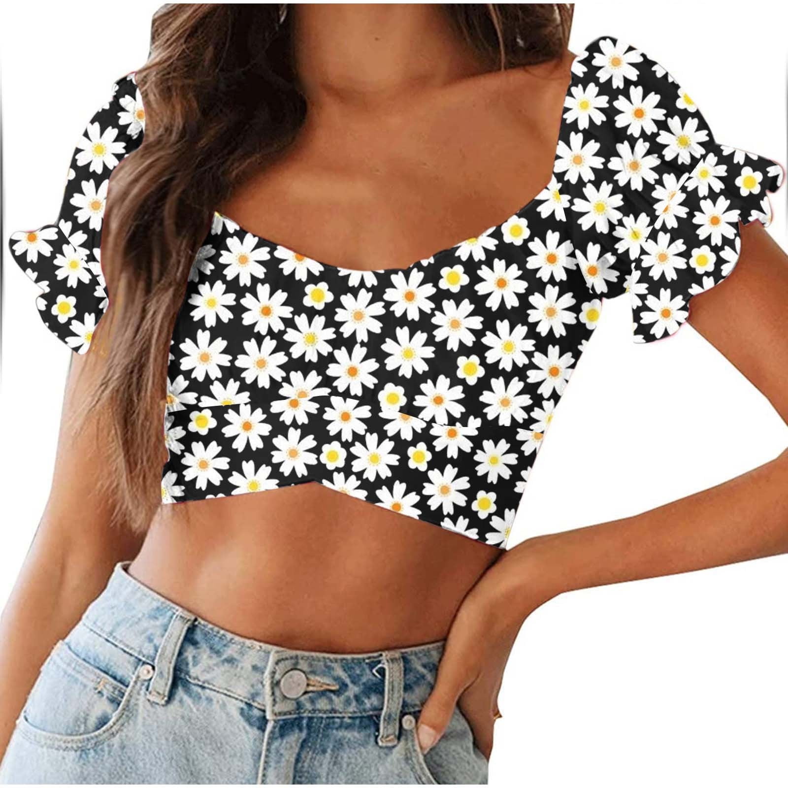 Fesfesfes Summer Tops Womem Casual Tunic Tops Women s Flared Sleeve Short Sleeve Print Tie Off Shoulder Crop Top Blouse Wide Neck T Shirt Blouse