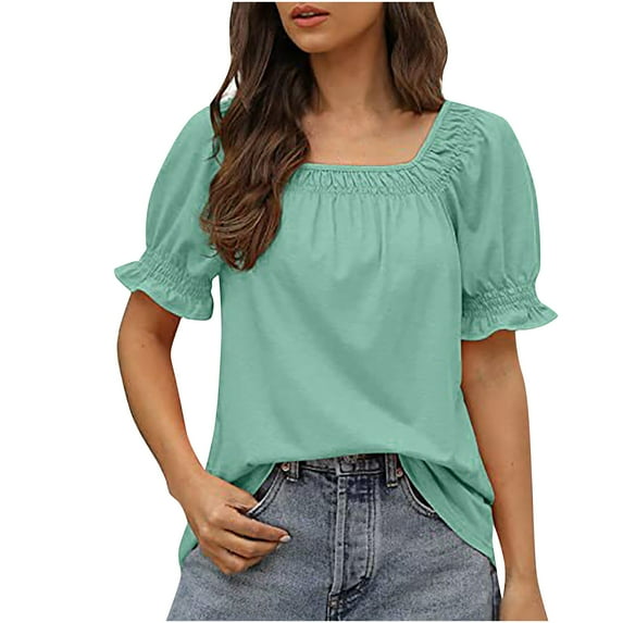 Fesfesfes Summer Tops for Womem Tshirt Womens Casual Solid Color Square Neck Short Sleeve Tops Blouses Square Neck T Shirt Tunic Blouse Summer