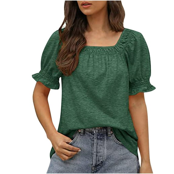 Fesfesfes Summer Tops for Womem Tshirt Womens Casual Solid Color Square Neck Short Sleeve Tops Blouses Square Neck T Shirt Tunic Blouse On Sale