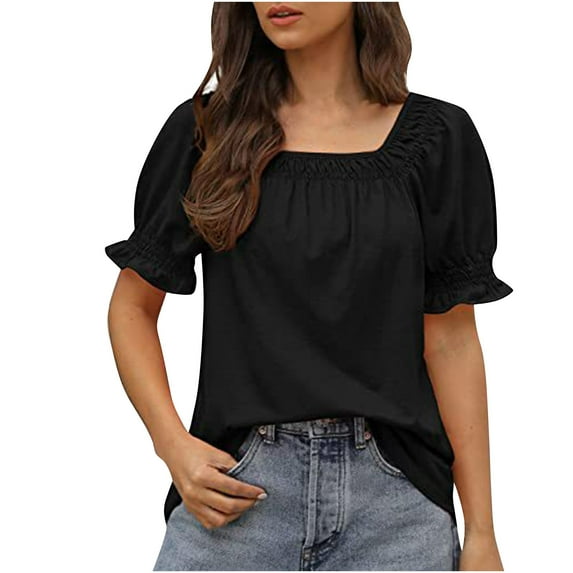 Fesfesfes Summer Tops for Womem Tshirt Womens Casual Solid Color Square Neck Short Sleeve Tops Blouses Square Neck T Shirt Tunic Blouse On Sale