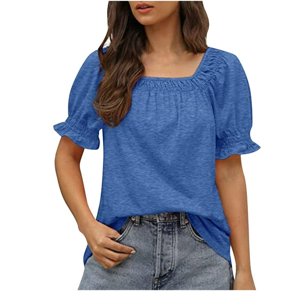 Fesfesfes Summer Tops for Womem Tshirt Womens Casual Solid Color Square Neck Short Sleeve Tops Blouses Square Neck T Shirt Tunic Blouse Summer Saving