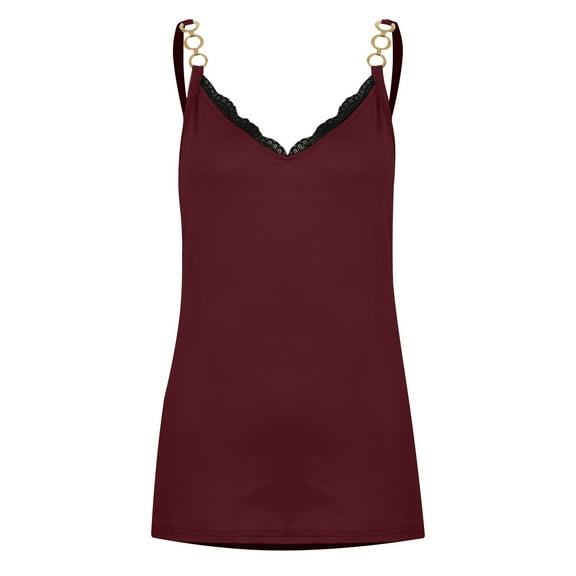 Fesfesfes Summer Tops for Women Sleeveless Vest Tops Ring Decor Strap Camisole Tops Solid Color Lace Trim V Neck Tunic Blouse