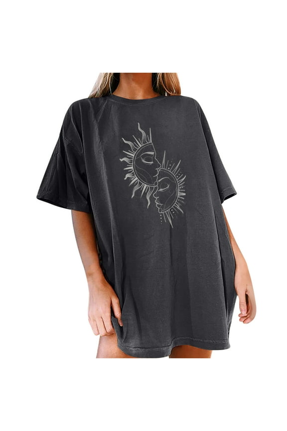 Summer Tops for Women Sun and Moon Graphic Tees Loose Crewneck Short Sleeve Tops Casual Streetwear Tunic Tops