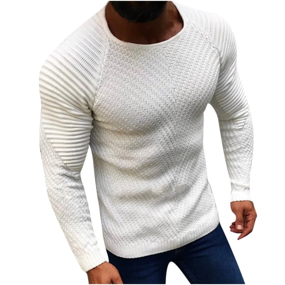 Fesfesfes Sweater for Men Casual Solid Pullover Round Neck Long Sleeve Base Layer Shirt Slim-type Sports Sweater Sale on Clearance