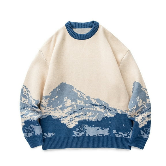 Fesfesfes Sweater for Men Round Neck Long Sleeve Tie-dyeing Mountain Print Sweater Pullover Knit Top Holiday