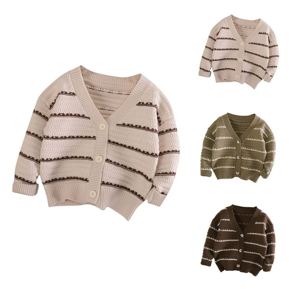 Fesfesfes Sweaters For Girls Girls Knitted Cardigan Sweater V-neck Jacket Striped Long Sleeve Top