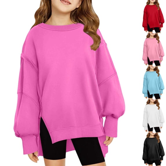 Fesfesfes Sweatshirt For Girls Middle Big Girls Oversized Crewneck Sweatshirt Long Sleeve Pullover Tops Drop Shoulder Sweatshirts Side Split For 5-14 Years