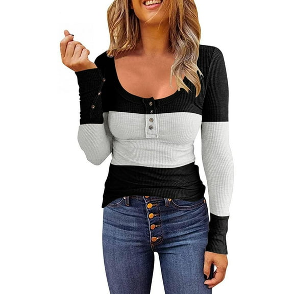 Fesfesfes Sweatshirt Tops for Women's Casual Tops Crewneck Color Matching Buttons Slim Long Sleeve Blouse