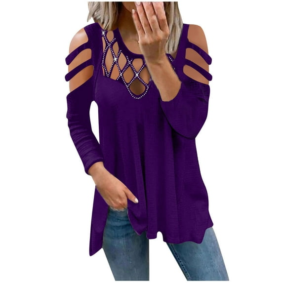 Fesfesfes Sweatshirt for Women Sexy V-neck Solid Color Off Shoulder Hollowed Out Chest Hot Drill Casual Top Sweatshirt for Women Under $10