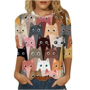 Fesfesfes Sweatshirt for Women's Casual Cat Pattern Tshirt Mid-length 3/4 Sleeves Tops O-Neck Casual Tee Tops T-shirt Sale on Clearance
