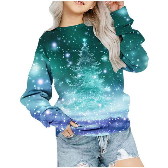 Fesfesfes Sweatshirts For Girls Christmas Children's Shirt Long Sleeve T-shirt Xmas Printed Round Neck Short Tops For Boys And Girls T-shirts