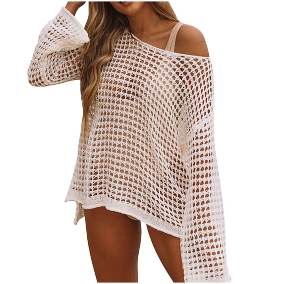 Fesfesfes Swimsuit Cover Ups For Women Round Neck Loose Beach Bikini Bathing Suit Sunscreen Shirt Cover Up