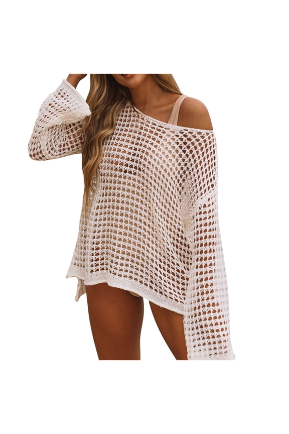 Swimsuit Cover Ups For Women Round Neck Loose Beach Bikini Bathing Suit Sunscreen Shirt Cover Up