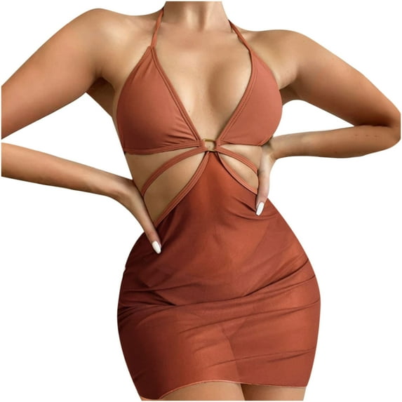 Fesfesfes Ladies Cross Sling Swimwear Solid Color High Waist Shorts Swimdress Women Hollow Out Waist Swimsuit Beachwear