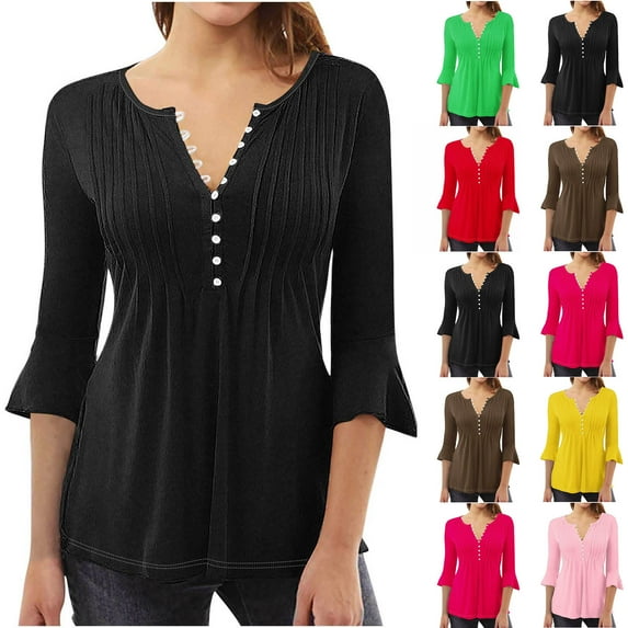 Fesfesfes T Shirt Women's Dressy Tops Fashion Solid Color T-shirt 3/4 Sleeves Blouse V-Neck Casual Tops hort Sleeve Tops for Women L(US:8)
