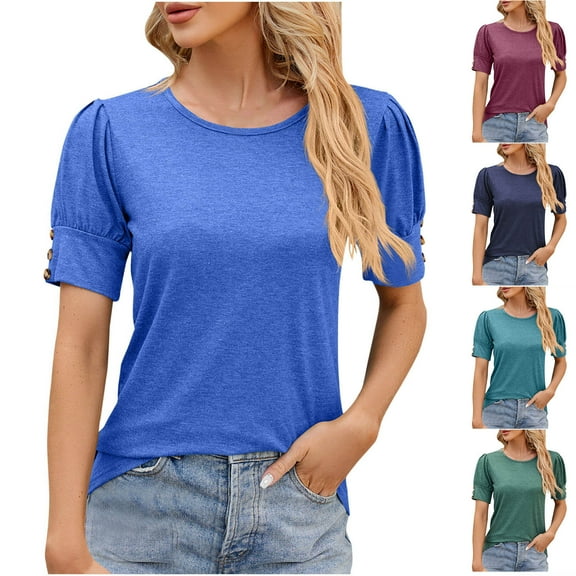 Fesfesfes T Shirt Women's Fashion Solid Round Neck Short Sleeves Casual T-Shirt Top Dressy Tops for Women M(US:6)