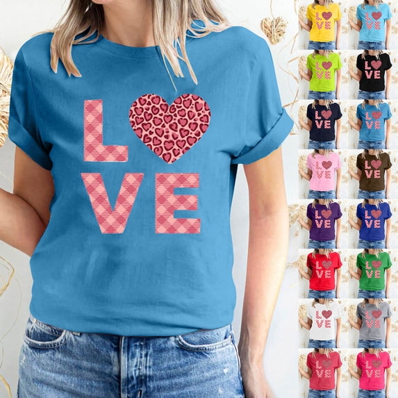 Fesfesfes T Shirt for Women's Valentine's Day Love Printed Short Sleeved T-shirt Top Short Sleeved Round Neck Top/Shirt Crew Neck T Shirts for Women S(US:4)