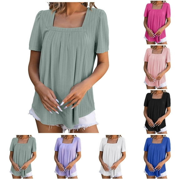 Fesfesfes T Shirt for Women's Fashionable Square Neck Lace Short Sleeved Casual Solid Color T-shirt Top Dressy Tops for Women M(US:6)