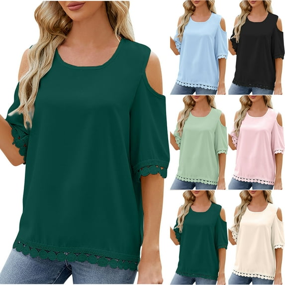 Fesfesfes T Shirts for Women Women Spring And Summer Off The Shoulder Round Neck Lace Patchwork 3/4 Sleeve Loose Tops Loose Fitting Tops for Women L(US:8)