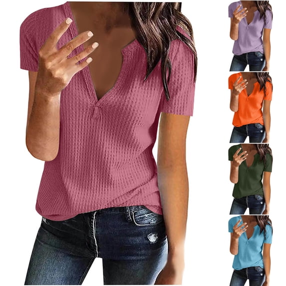 Fesfesfes T Shirts for Womens Fashion Solid Color V-neck Comfortable Loose T-shirt Short Sleeve Blouse Casual Tops Cute Short Sleeve Tops for Women S(US:4)