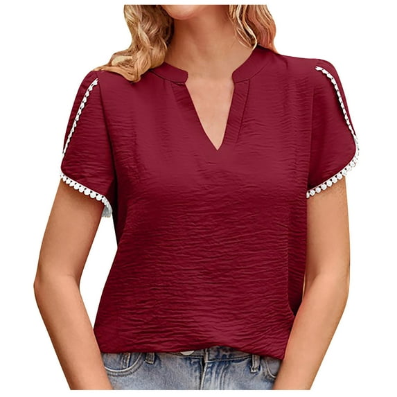 Fesfesfes T Shirts for Women Loose Fit Women Fashion Casual Solid Color Short Sleeve Tops V Neck Lace Fashion Blouse Womens Undershirts 10(XL)