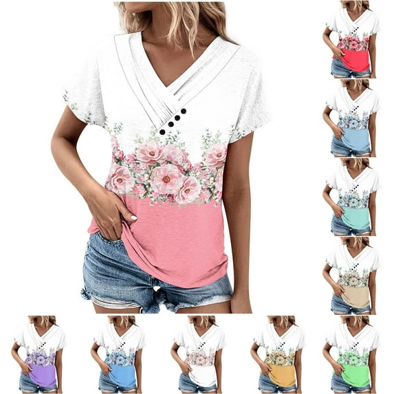Fesfesfes T Shirts for Women's V-Neck Fashion Casual Short Sleeve Spring And Summer Top Women's T-Shirts 3XL(US:14)