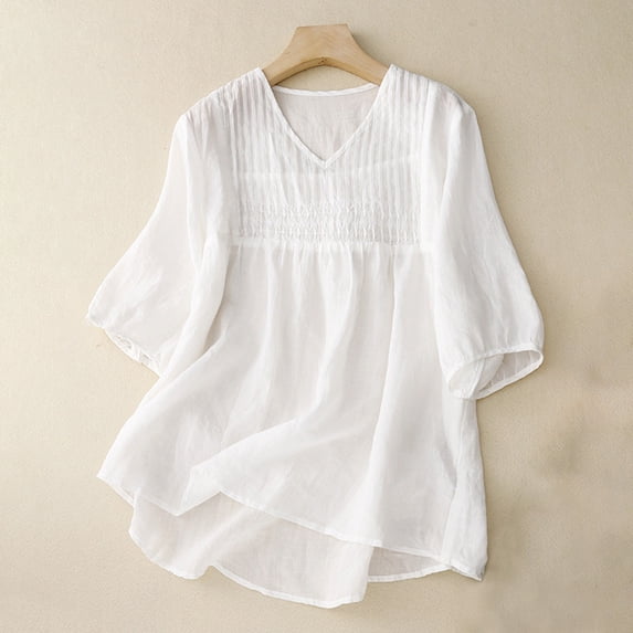 Fesfesfes T-Shirts for Womens Color Casual Loose Fashion T-ShirtFive Cent Sleeve Button Tops Cotton And Linen Blouse Tops for Women M(US:6)