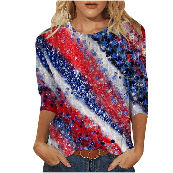 Fesfesfes T Women's Fashion Printed T-shirt Mid-length 3/4 Sleeves Blouse Round Neck Casual Tops Women Shirts And Blouses L(US:8)