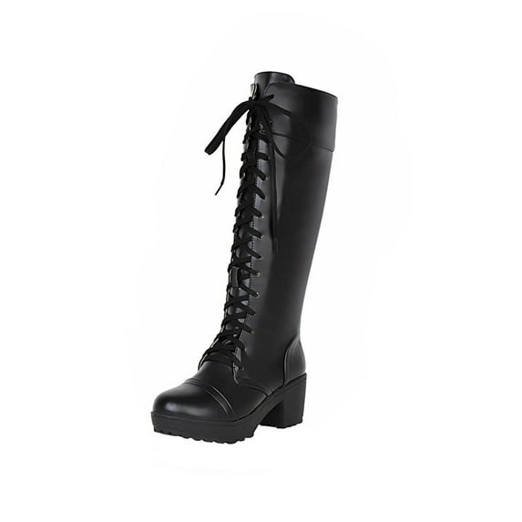 Fesfesfes Tall Black Boots For Women Large Size Thick Heeled High Heeled Platform Lace Up High Top Women's US:9(42)