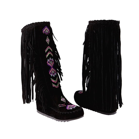Fesfesfes Tall Boots For Teen Girls Plus Size Fall Winter Ethnic Style Retro Tassel Inner Sloping Heel Flat High Warm Plush Boots US:6(37)