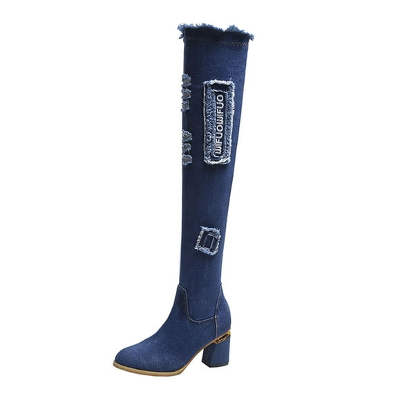 Fesfesfes Tall Boots For Women Over-the-knee Boots Thick-heeled Mid-heel Denim Over-the-knee Boots Boots US:4.5(35)