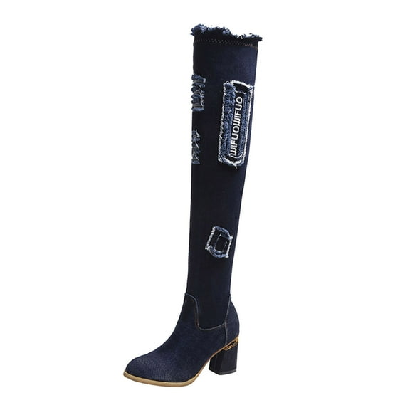 Fesfesfes Tall Boots For Women Over-the-knee Boots Thick-heeled Mid-heel Denim Over-the-knee Boots Boots US:5.5(36)