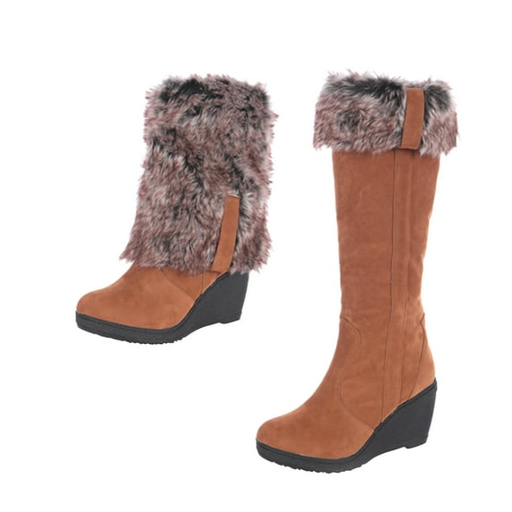 Fesfesfes Tall Boots For Women Slip-on Thick Wedge Heels High Heels Solid Color Winter Warm Knee High Round Toe Thick Fleece Snow 37(US:6)