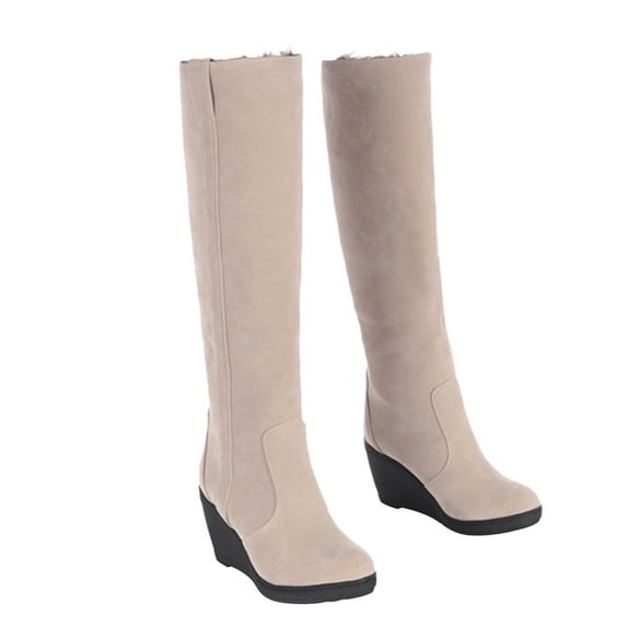 Fesfesfes Tall Boots For Women Slip-on Thick Wedge Heels High Heels Solid Color Winter Warm Knee High Round Toe Thick Fleece Snow 39(US:7)