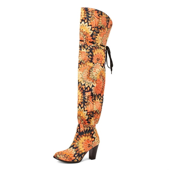 Fesfesfes Tall Boots for Ladies Multicolor Flower Autumn Winter Boots Chunky High Heel Lace-up Boots Over The Knee Boots US:6(37)