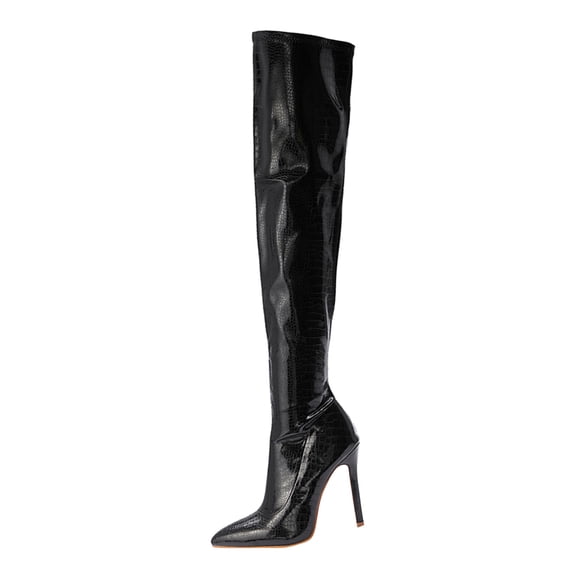 Fesfesfes Tall Boots for Ladies Sexy Nightclub Patent Synthetic High Heeled Side Zipper Over The Knee Stretch US:7(39)