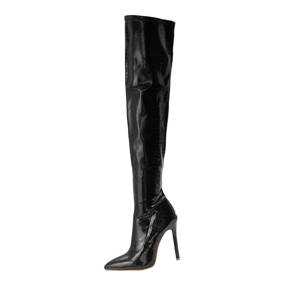 Fesfesfes Tall Boots for Ladies Sexy Nightclub Patent Synthetic High Heeled Side Zipper Over The Knee Stretch US:7.5(40)