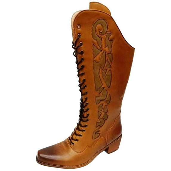 Fesfesfes Tall Boots for Young Ladies Large Size Thick Heel Solid Color Stitched Square Toe Front Lace-up High US:9(42)